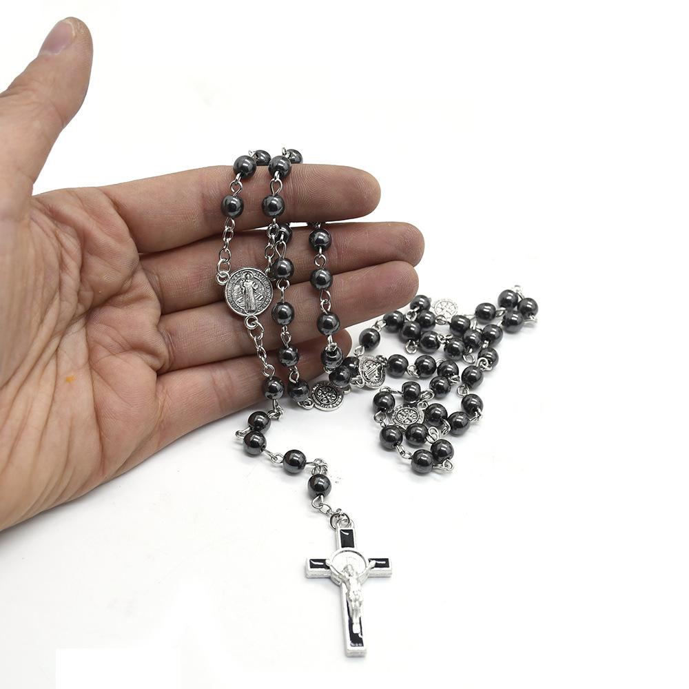 Retro Religion Belief Catholic Cross St. Benedict Black Gallstone Prayer Rosary Pendant Necklace Men Accessories Jewelry Gift