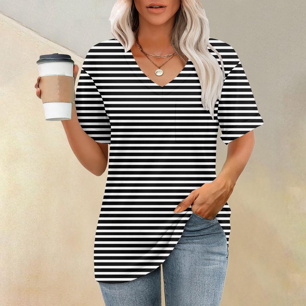 Fashion Pocket V-Neck Short Sleeve Striped Print T-Shirt Top