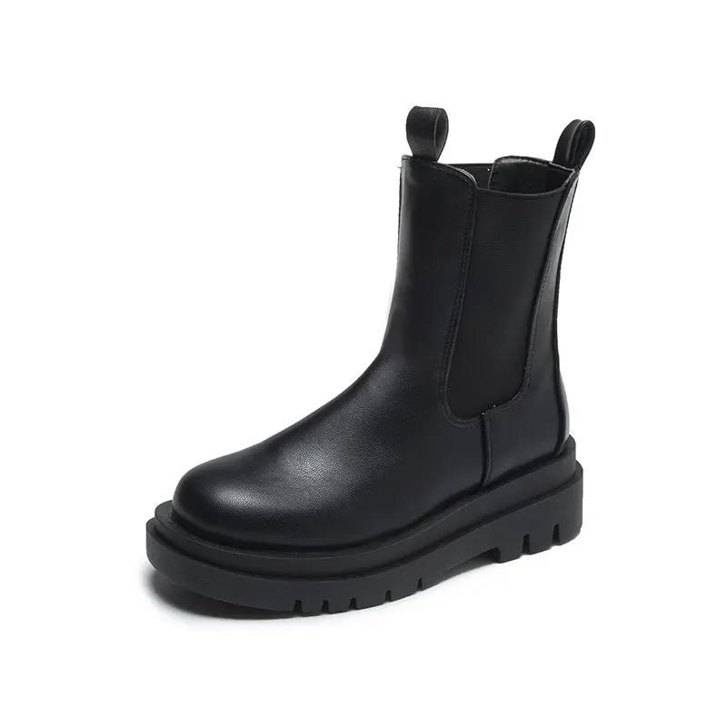 Dámské Chelsea Boots Jaro Nové Černá Střední Kotníková Plochá Platforma Dámské Boty Dámské All Match Klasické Stručné Módní Boty s kulatou špičkou
