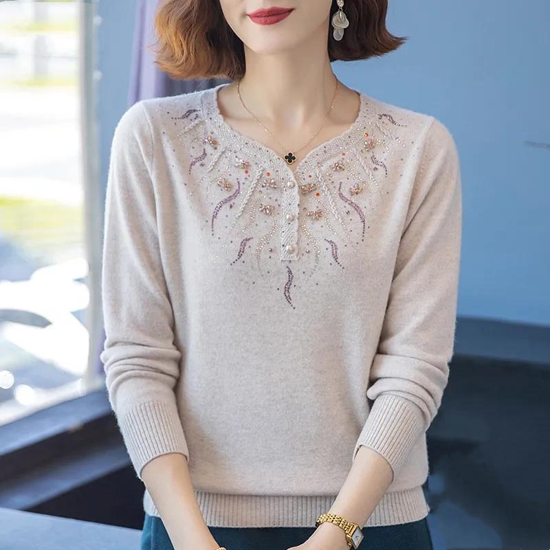 

Autumn and Winter Pure Wool Knit Sweater V-neck Sweater Middle-aged and Elderly Women s Loose Large Size Bottoming Shirt XXXXL