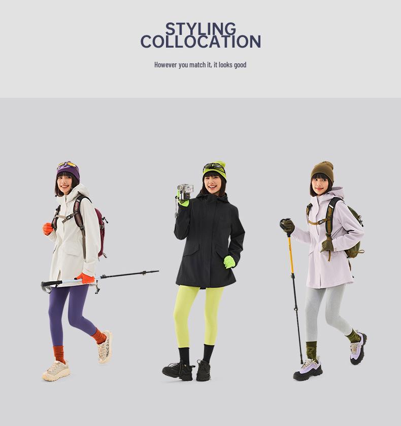 Women's Mid-Length Windproof Waterproof Shell Jacket - Autumn/Winter Outdoor Exploration, Waist-Cinched, Plus Velvet, Single-Layer.