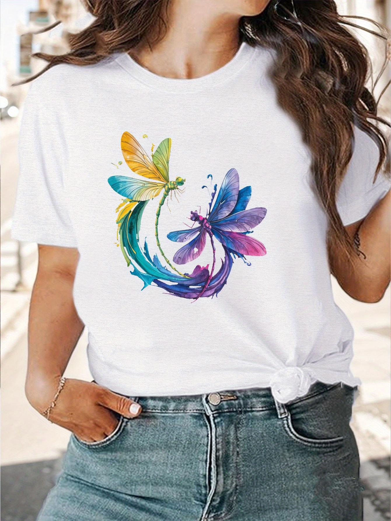 

Print Casual Crew Neck Sleeve Perfect Spring Summer Women s Comfortable T-Shirt with Vibrant Dragonfly 4XL