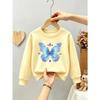Kids Girls Crewneck Sweatshirt, Shimmer Iridescent Blue Butterfly With Purple Crystal Gem Print Black Soft Fleece Pullover