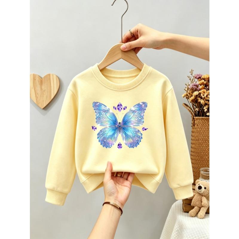 Kids Girls Crewneck Sweatshirt, Shimmer Iridescent Blue Butterfly With Purple Crystal Gem Print Black Soft Fleece Pullover