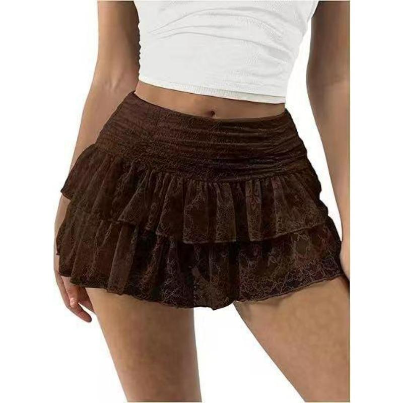 Women's Layered Lace Ruffle Mini Skirt High Waist Tiered Short Skirt Romantic Party Summer