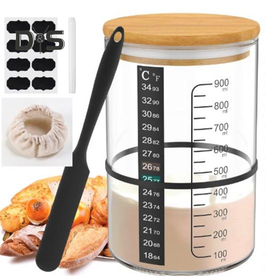 Surdegsburk med startpaket, stor kapacitet, bred öppning, BPA-fri, livsmedelsgodkänd, lätt att rengöra, multifunktionell glasburk, surdegsbehållare