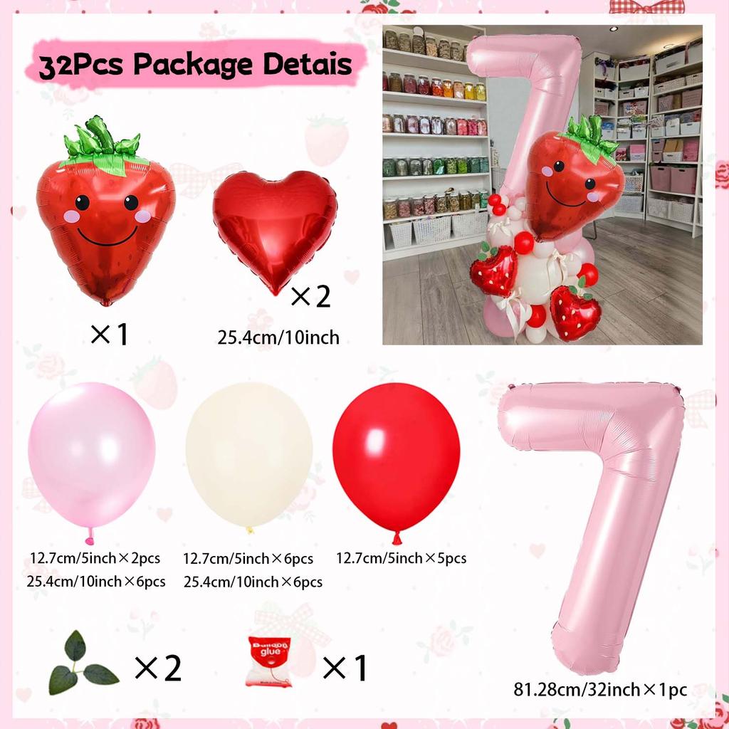 Strawberry Digital Balloon Numbers 0-9 Strawberry Love Aluminum Film Pink White Red Balloon for Anniversary Birthday