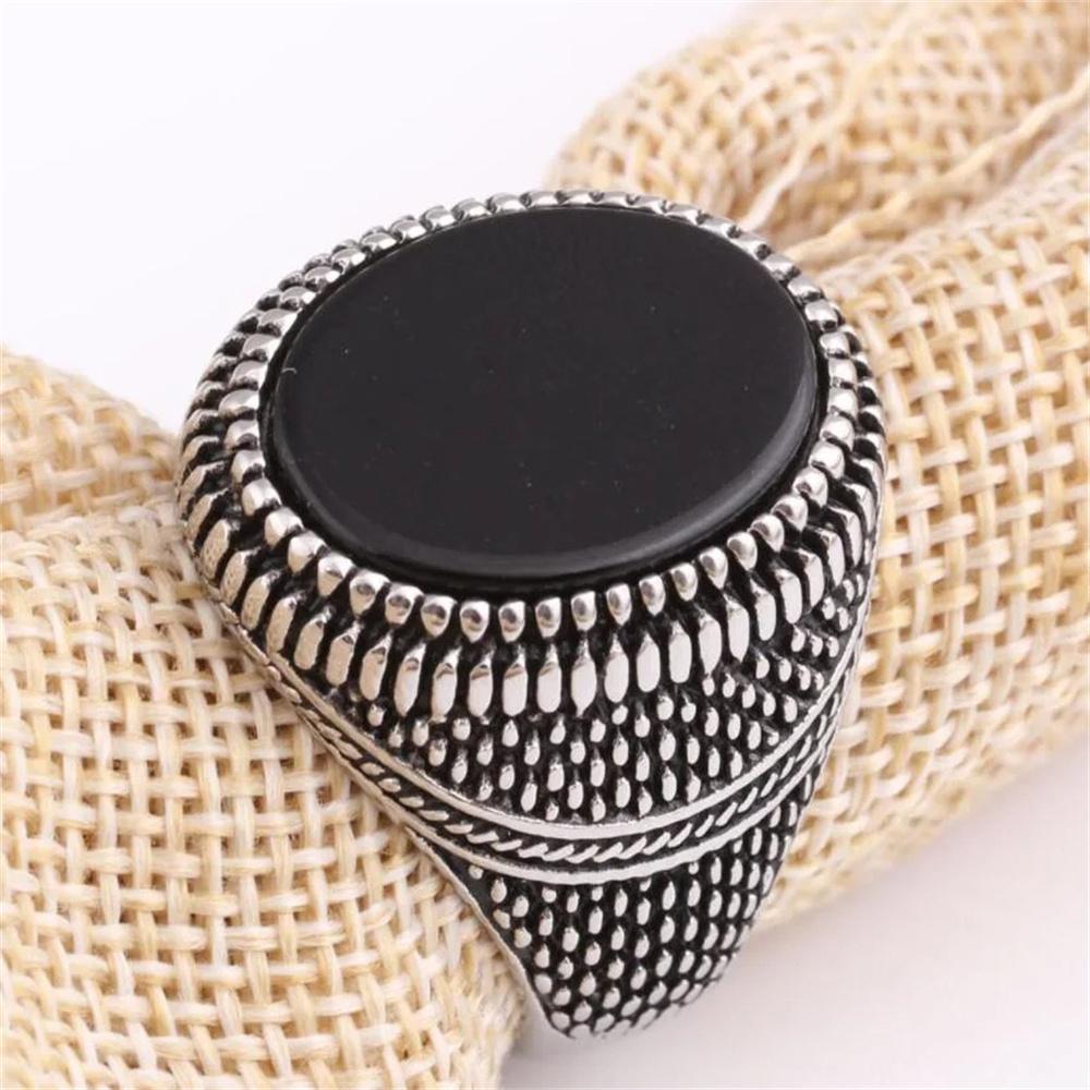 Retro Handmade Turkish Signet Rings For Men Vintage Ancient Silver Color Carved Black Zircon Ring Punk Motor Biker Jewelry Gifts