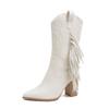 Women's High-Heeled Mid-Calf Boots: European & American Style, Large Sizes, Pointed Toe, Embroidery, Fringe, White, Western Cowboy.