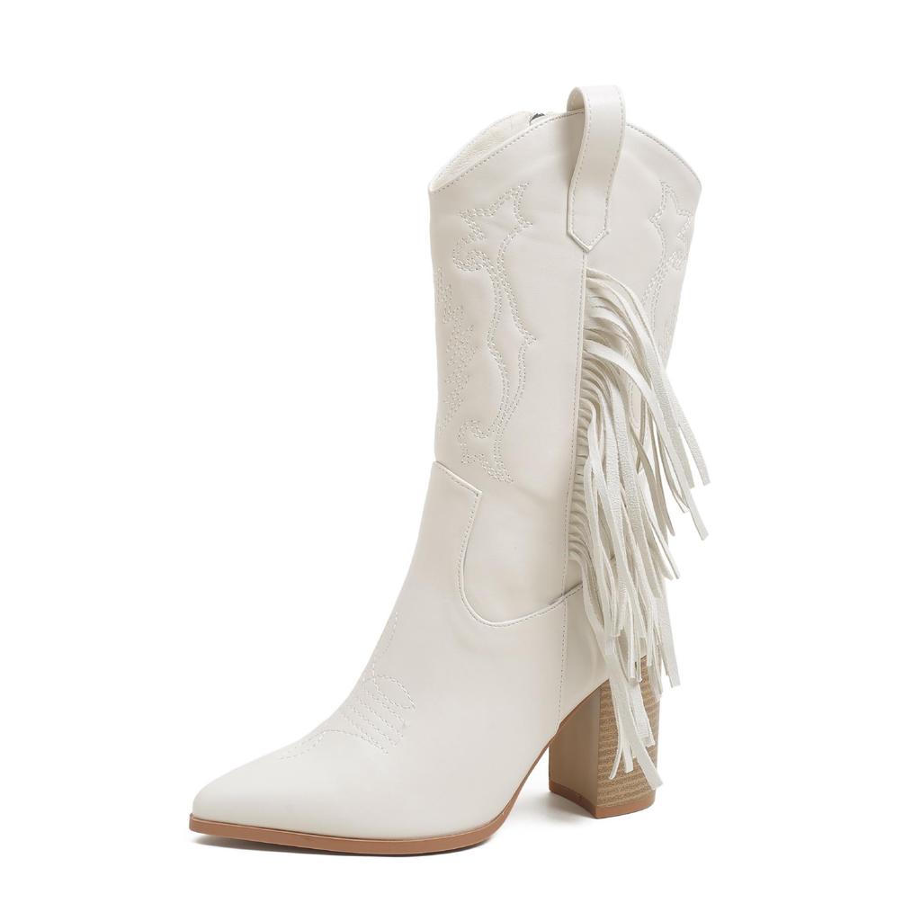 Women's High-Heeled Mid-Calf Boots: European & American Style, Large Sizes, Pointed Toe, Embroidery, Fringe, White, Western Cowboy.