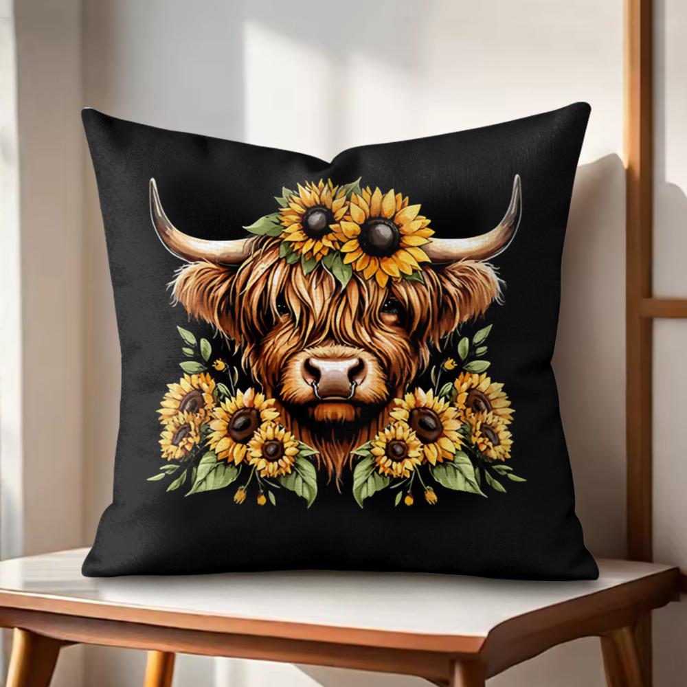 Highland cow black Cushion Cover Natural Linen Organic Fabric DoubleSided Printing Couch Pillow Covers Home Decor Gift