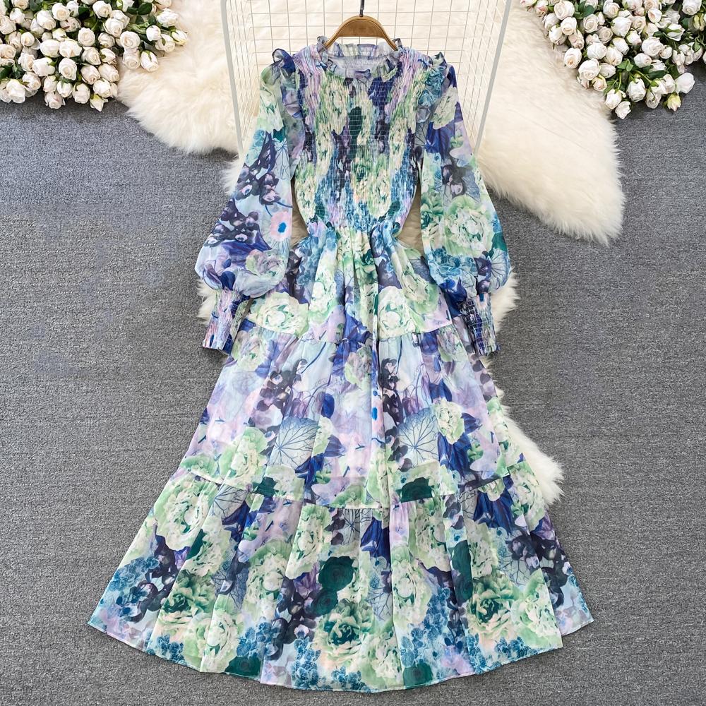Tingfly Kobiety Moda Kwiatowy Nadruk Marszczony Elastyczny Szyfon Midi Długie Sukienki Pani Bohemska Zwiewna Codzienna Uliczna Sukienka Elbise Robes