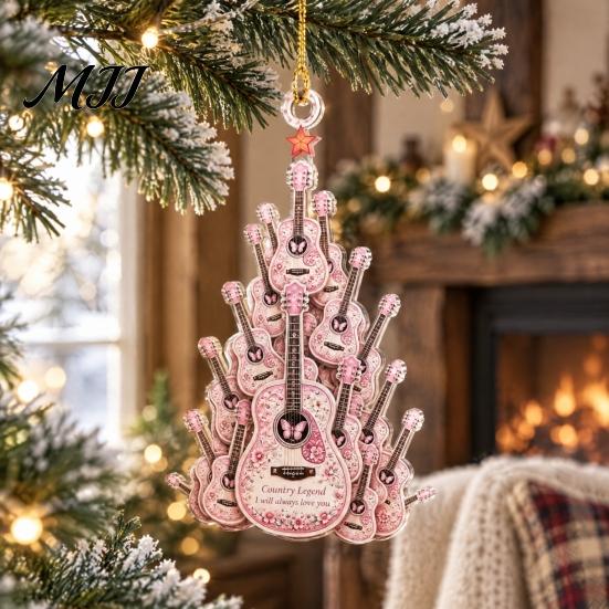Artistic Guitar Hanging Decor Acrylic Christmas Ornament, Patchwork Jacket Butterfly Flat Pendant Tree Ornaments with Gold String for Wall Car, Music