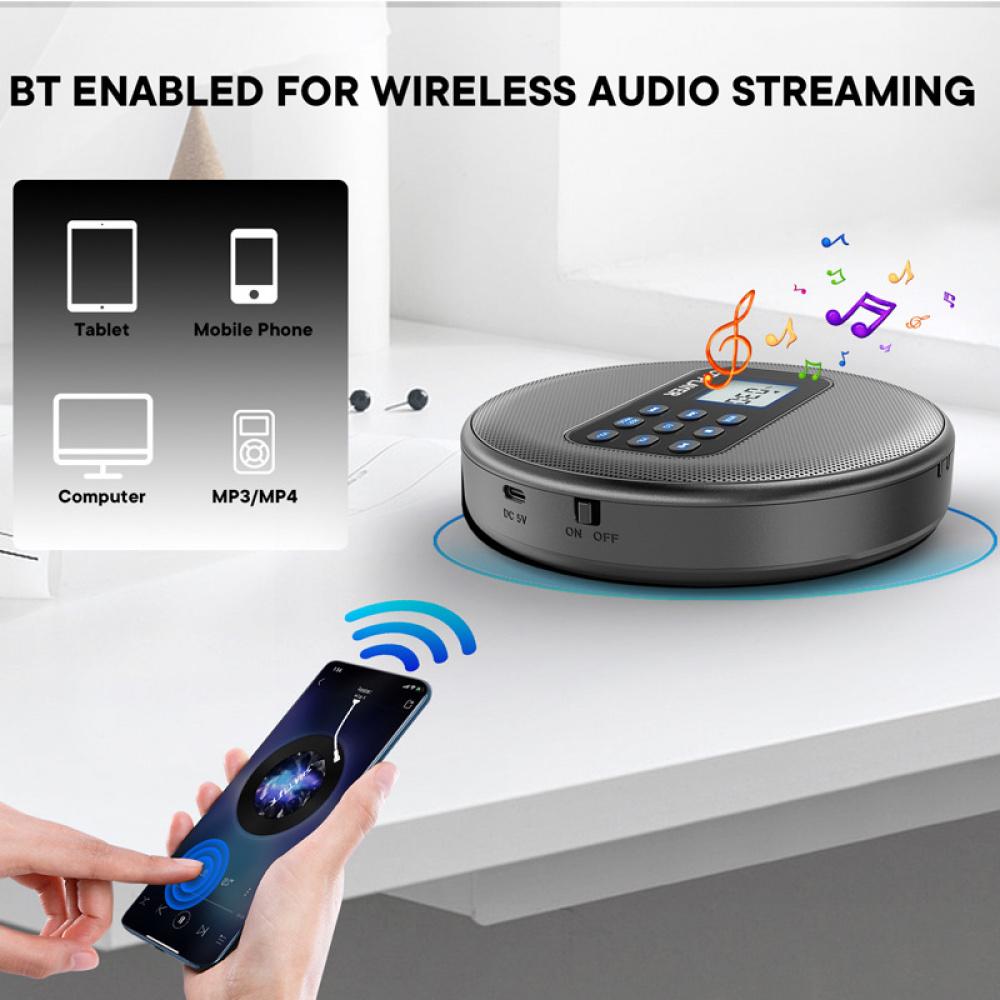 Portable CD Player with Built-in Stereo Speakers, Bluetooth 5.1, 1500mAh Rechargeable Battery, Support CD/MP3/USB Playback, Anti-Skip, EQ Settings