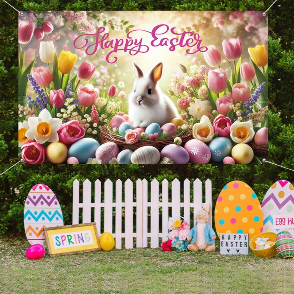 Cute Tulip Eggs Bunny Background Colorful Easter Hanging Banner Courtyard Indoor Outdoor