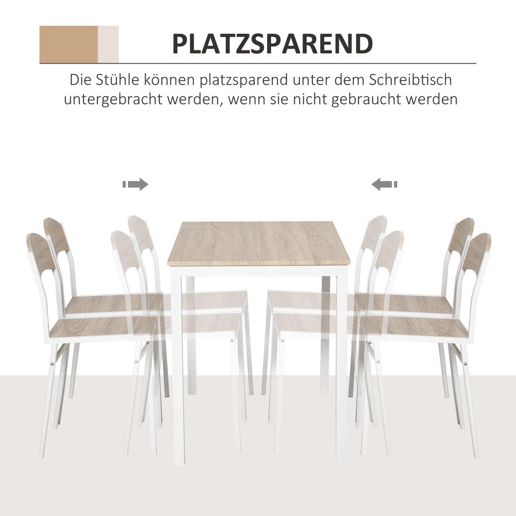 Juego de Comedor de 5 Piezas, Juego de Mesa y Sillas de Comedor con MDF con Veta de Madera y Metal en Gris y Blanco, 1 Mesa y 4 Sillas para Comedor Moderno