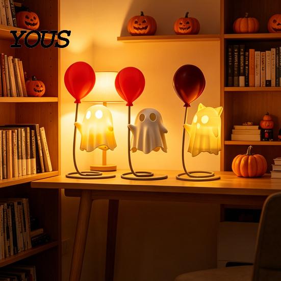 Balloon Ghost Figurine Cute with Balloon, Warm LED Night Light, Halloween Spooky Ornament Decoration for Bedroom Desk Table Centerpiece Cozy