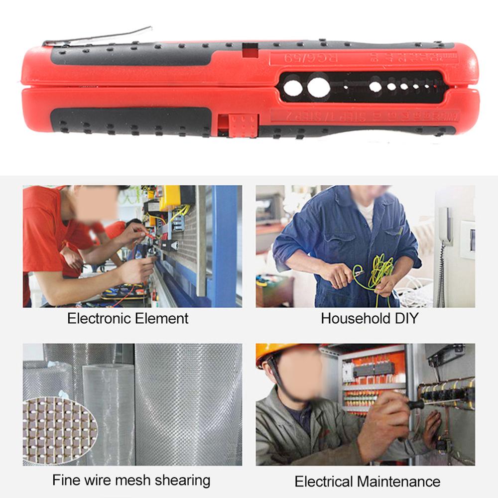Portable Multifunctional Wire Stripper and Cutter Steel Construction Non Slip Handle Red Black Design with Clip for Easy Carry