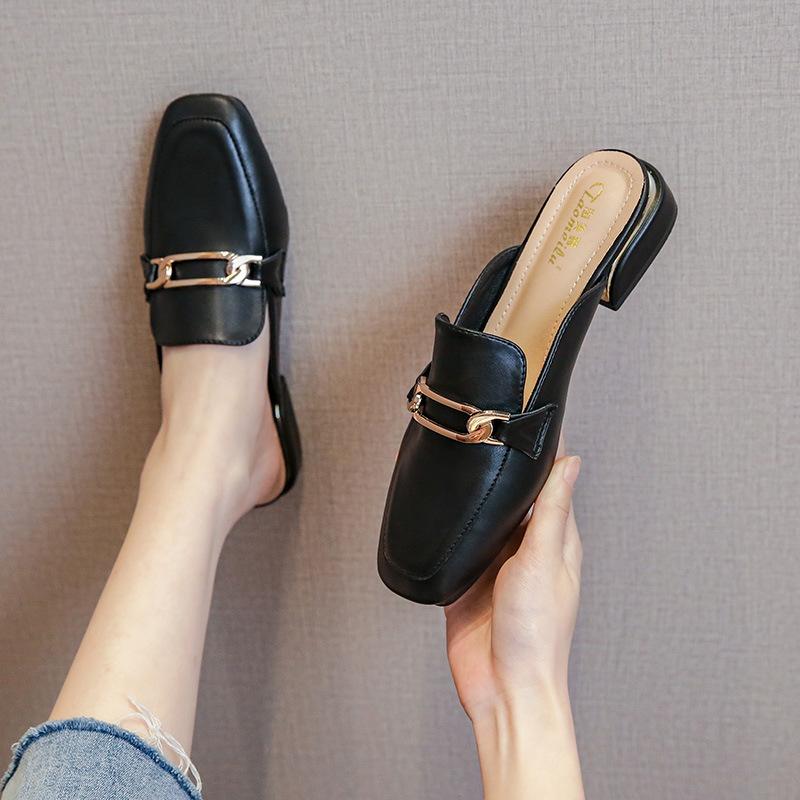 

2025 summer new net red bag head half slippers women wear thick heel middle heel fashion muller large size cool slippers women 34 чёрный