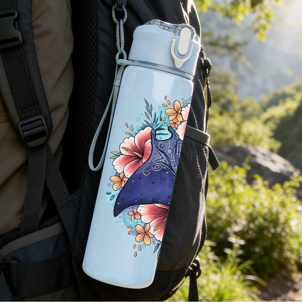 1PC Blue Butterfly Flower Art Print 750ml Color Plastic Sports Water Bottle Leakproof Flip Straw Lid Suitable for Sports Office Home Use
