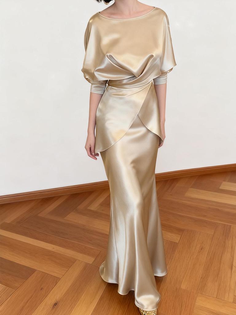 Elegant Champagne Acetate Suit for Women: Satin Top & Fishtail Skirt Set (Spring/Autumn)