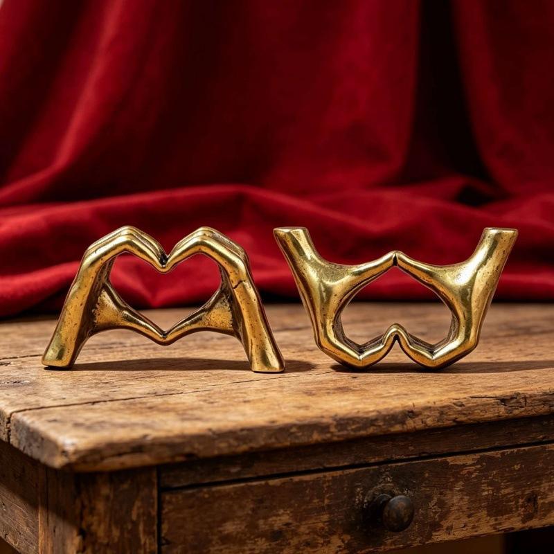 Vintage Brass Heart-Shaped Hand Statue, Love Hand Sculpture Model Ornament Home Office Desktop Decor