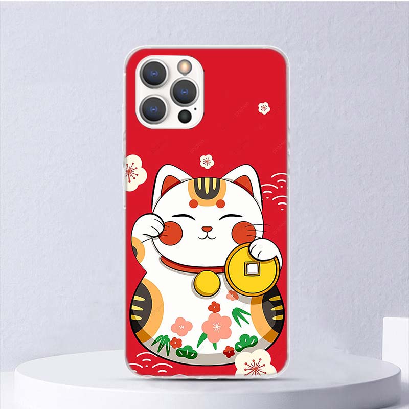 Lucky Cat Maneki Neko Japanese Soft Case For iPhone 16 17 Air 16E 15 Plus 11 12 13 Mini 14 Pro Max Phone Cover Apple 7 8 SE Coqu