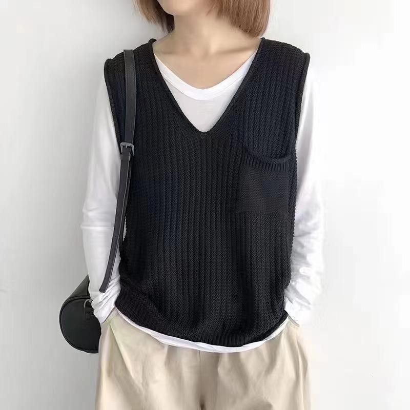 Spring and Autumn Women's Solid Color V-neck Artistic Knitted Vest Plus Size Sweater Vest