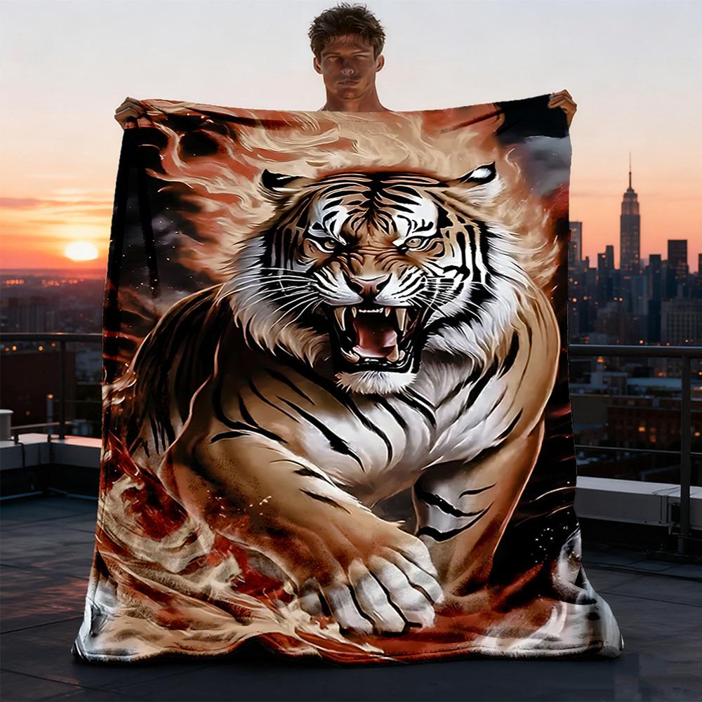 1pc Tiger Flame Design Print Outdoor Blanket, Lightweight Polyester,