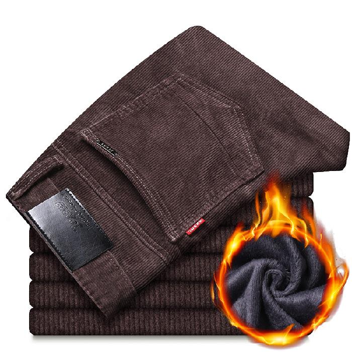 Winter New Men'S Thick And Warm Elastic Striped Velvet Pants With Corduroy, High Waisted Casual Pants, Straight Leg Loose Pants