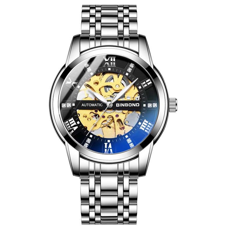BINBOND Herren Leuchtendes Skelett-Uhrwerk - Automatisch Mechanisch, Stahlarmband, Wasserdicht