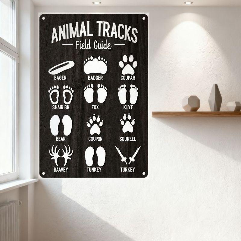 Tierfährten Feldführer Metallschild, 12 Tierfährten-Illustrationen mit falsch geschriebenen Beschriftungen, Schwarze Holzoptik Vintage-Dekor f