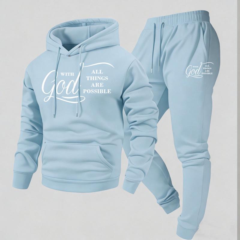2026 New Style Cross Letter Print Hooded Sweatshirt & Long Pants Men's Y2K Set - European & American Hot Selling