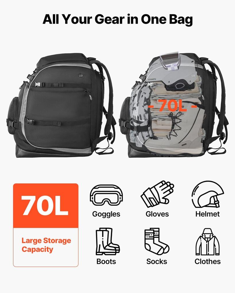 Ski Boot Bag, 70L, Snowboard Boots Travel Backpack for Men Women, with Waterproof Exterior & Bottom, Durable 1680D Oxford, Bag for Skis, Snowboard,