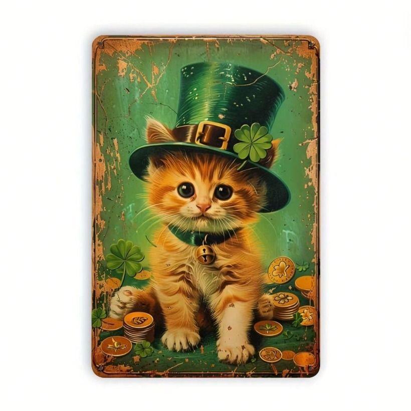 Vintage Metal Poster Cat Leprechaun Hat Irish Decor for Wall