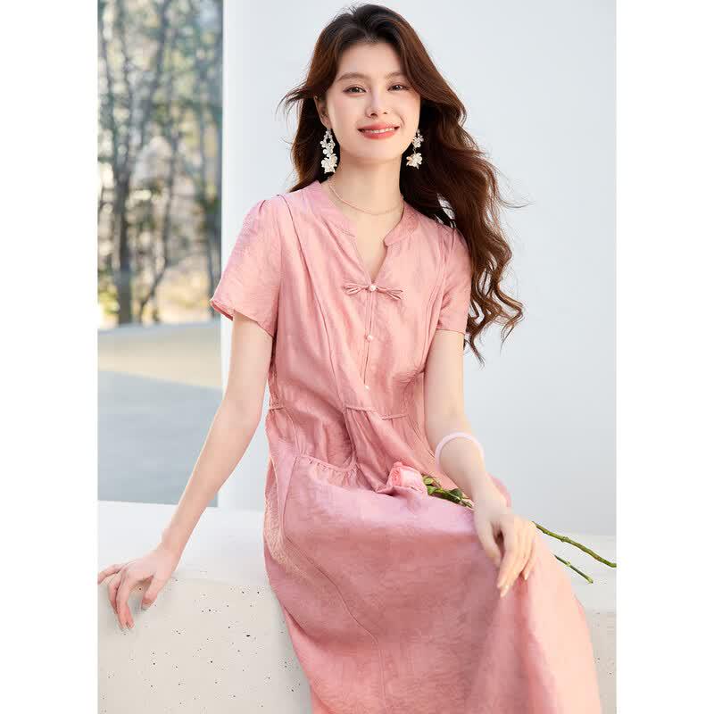 Sanpowa Elegantes Chinesisches Stil V-Ausschnitt A-Linie Midi-Kleid