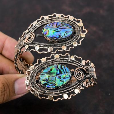 Abalone Muschel Armreif Kupferdraht umwickelt Manschettenarmband Sehr hübscher Edelstein Armreif Handgefertigt Verstellbares Manschettenarmband Kupferschmuck zum Geschenk