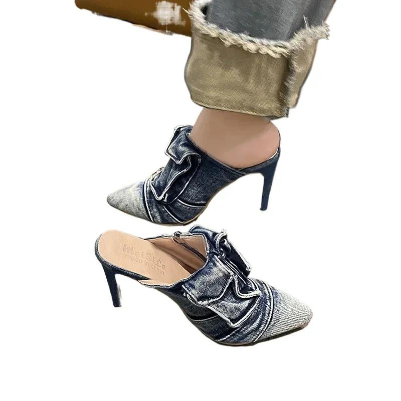 Sandálias femininas de salto alto jeans, plataforma aberta, casual, fivela confortável, salto alto