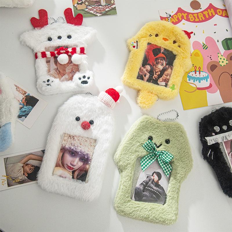 Christmas Photo Card Holder Plush Kawaii Kpop Idol Photo Display Pendant Student ID Card Protective Cover Keychain Xmas Gifts