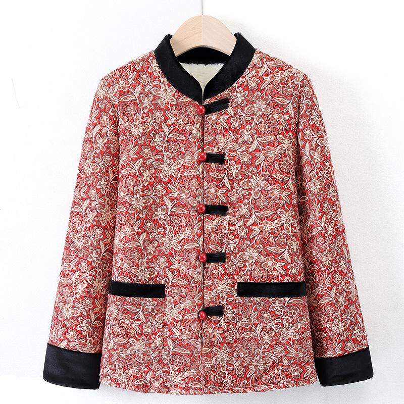 Elegant Chinese-Style Cotton Jacket for Middle-Aged Women: Stand Collar & Frog Buttons, Perfect for Autumn/Winter.