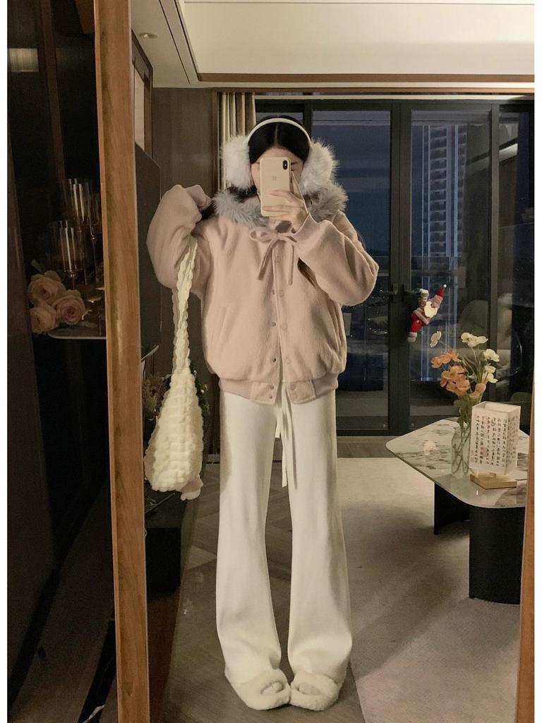 Korean Style Pink Bowknot Fur Hooded Cotton Padded Baseball Jacket Women's Autumn/Winter Coat
