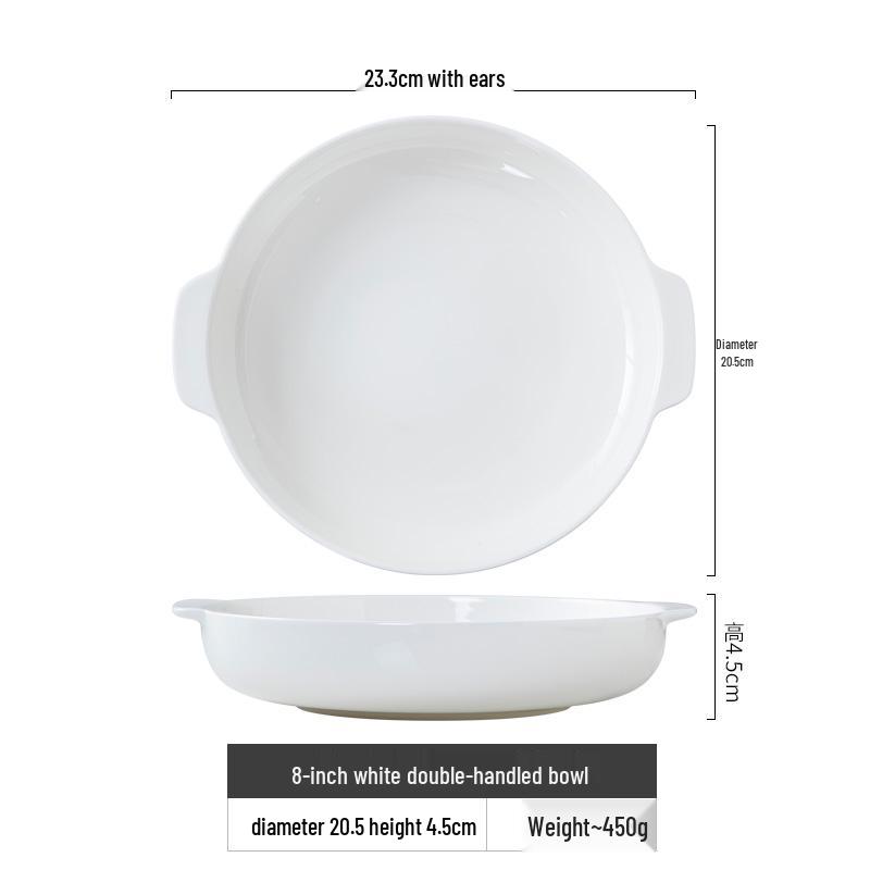 Double-Handle White Bone China Deep Plate - Anti-Scald Ceramic Bowl for Soup & Vegetables