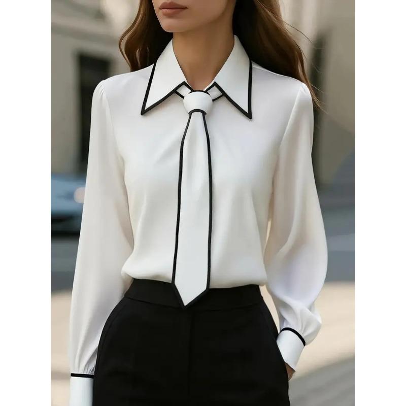 HNXC Women's Fashion Casual Solid Color Print Long Sleeve POLO Neck Blouses & Shirts
