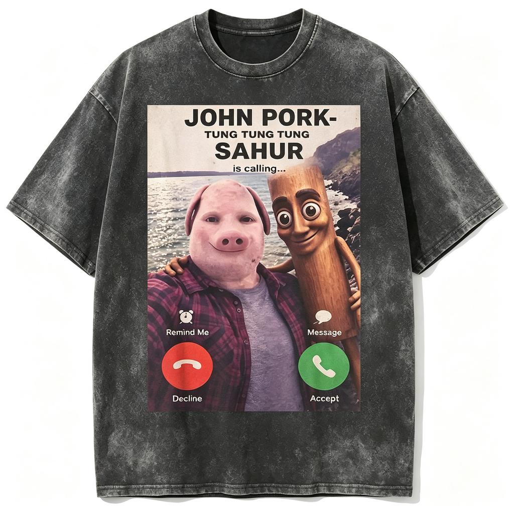 John Pork Sahur Calling Meme Graphic Tee Funny Washed Black Unisex T-Shirt