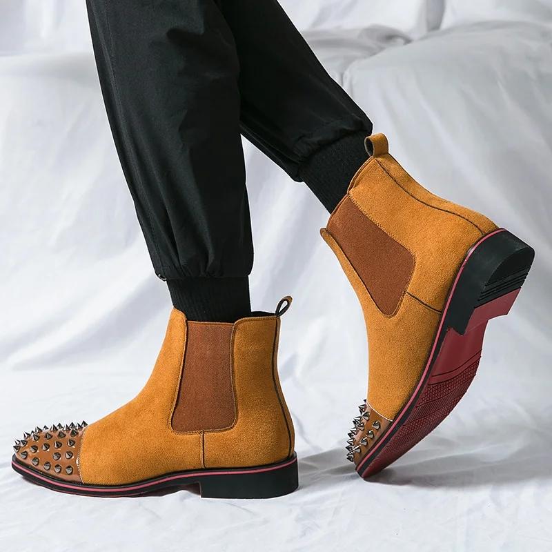 Winter Pointed Punk Rivet Suede Chelsea Ankle Boots Men Man Brown Black Men's Casual Luxury Brand High-top Shoes Boots for Men