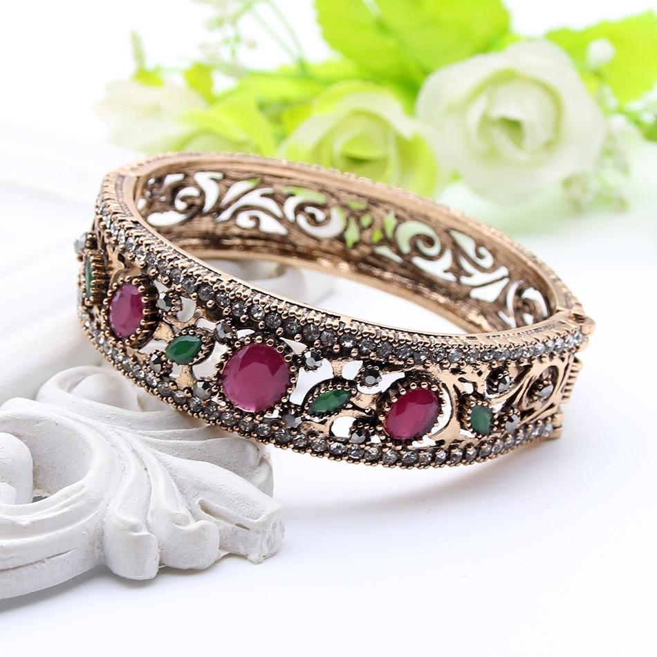 Prachtige Turkse Rode Hars Retro Armband Vintage Manchet Armband voor Vrouwen Antiek Gouden Kleur Boho Bruiloft Sieraden Lente Opening