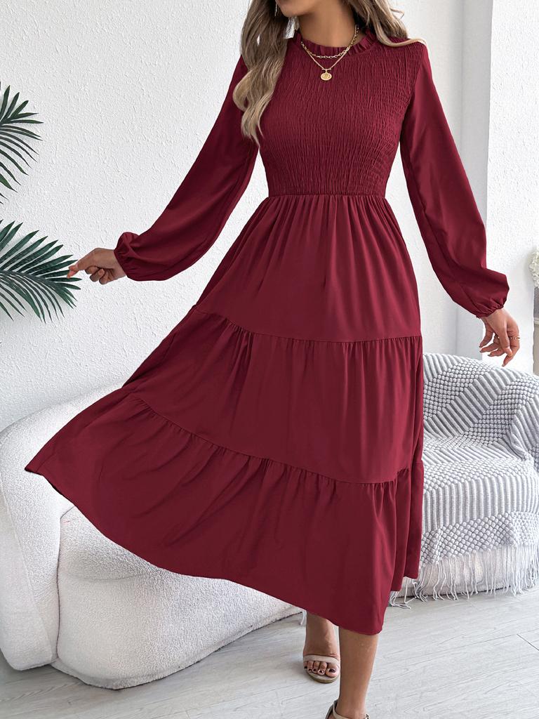 women's Ruffle Mock Neck Smocked Puff Long Sleeve Tiered Midi Dress Solid Color A Line Dress
