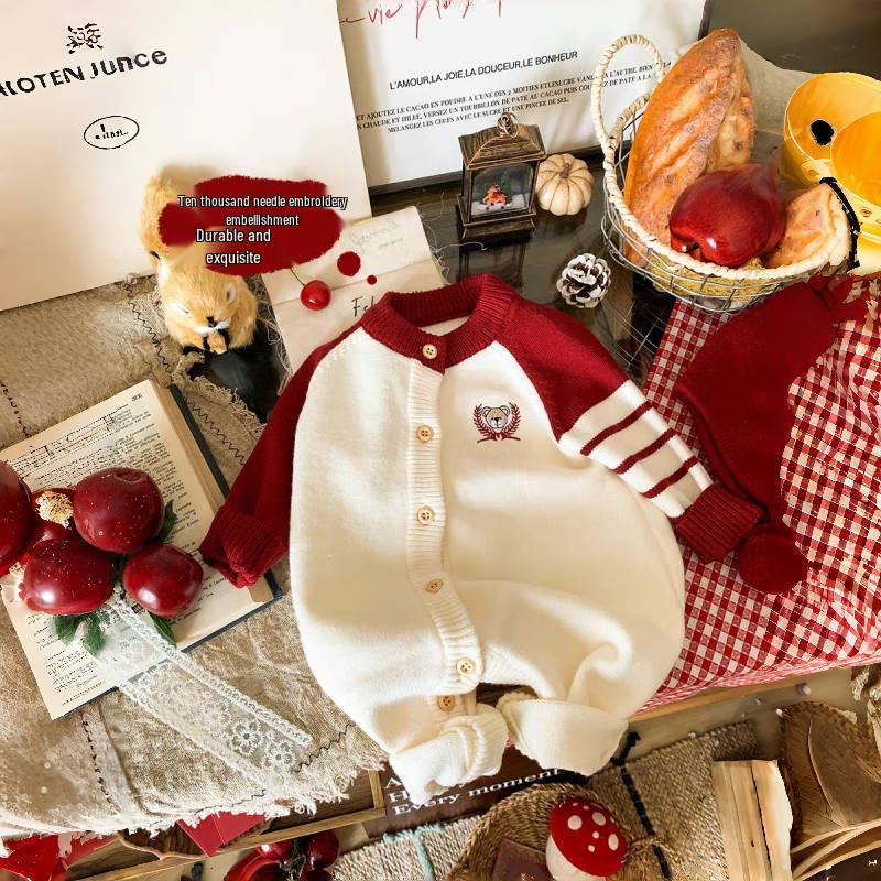 Strick-Strampler im koreanischen Stil: Modischer Langarm-Baby-Krabbelanzug für Frühlings- und Herbstausflüge