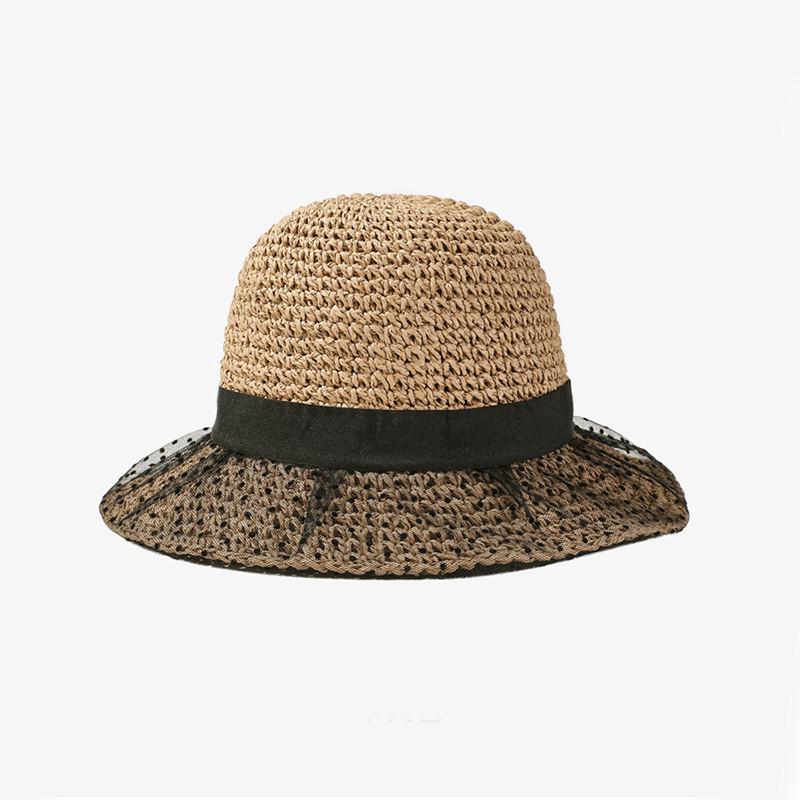 

Korean Women s Lace Polka Dot Wide Brim Fisherman Hat Hand-woven Sun Hat хакі