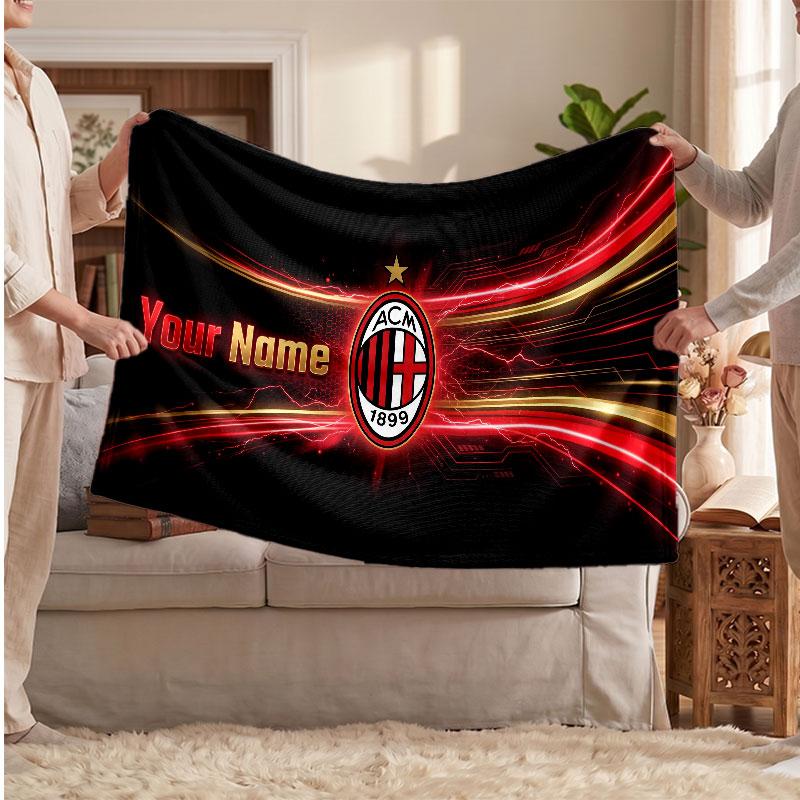 Coperta in Pile Personalizzata AC Milan con Logo Calcio, Testo Nome Personalizzato Morbida Calda Coperta da Divano per la Casa